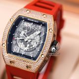 Đồng Hồ Richard Mille RM 010 Rep 1:1 Chế Tác Vỏ Vàng Hồng Đính Đá Mặt Skeleton Lộ Cơ Dây Cao Su