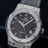 Đồng Hồ Hublot Classic Fusion 42mm Rep 1:1 Chế Tác Vỏ Bạc Độ Kim Cương Thiên Nhiên - Moissanite Pave Mặt Số Xám 542.NX.7071.LR