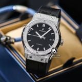 Đồng Hồ Hublot Classic Fusion 42mm Rep 1:1 Chế Tác Vỏ Bạc Độ Kim Cương Thiên Nhiên - Moissanite Pave Mặt Số Đen 542.NX.1171.LR