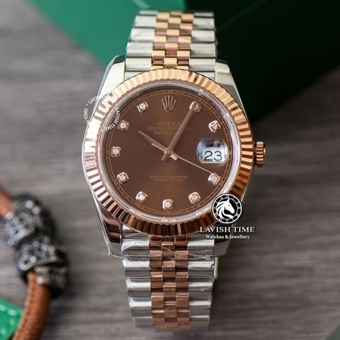 Đồng Hồ Rolex Datejust 41mm 126331-0004 Rep 1:1 Chế Tác Vỏ Vàng Hồng Mặt Nâu Chocolate Cọc Số Đính Đá Dây Kim Loại