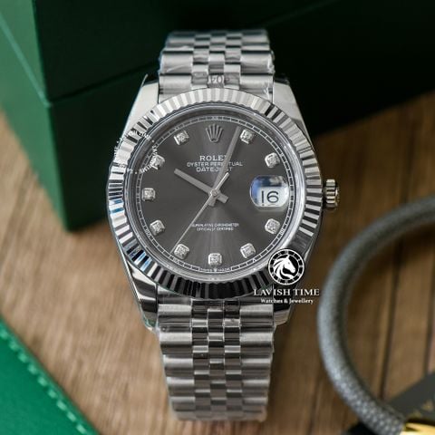 Đồng Hồ Rolex Datejust 41mm 126334-0006 Rep 1:1 Chế Tác Vỏ Bạc Mặt Xám Cọc Số Đính Đá Dây Kim Loại