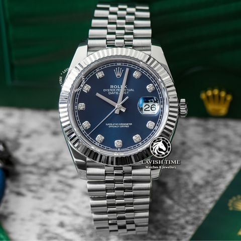 Đồng Hồ Rolex Datejust 41mm 126334-0016 Rep 1:1 Chế Tác Vỏ Bạc Mặt Xanh Dương Cọc Số Đính Đá Dây Kim Loại