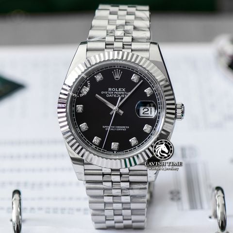 Đồng Hồ Rolex Datejust 41mm 126334-0012 Rep 1:1 Chế Tác Vỏ Bạc Mặt Đen Cọc Số Đính Đá Dây Kim Loại