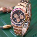 Đồng Hồ Rolex Cosmograph Daytona Rainbow 116595RBOW Rep 1:1 Cao Cấp Vỏ Vàng Hồng Niềng Bezel Đính Ruby Cầu Vồng Mặt Đen Dây Kim Loại