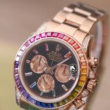 Đồng Hồ Rolex Cosmograph Daytona Rainbow 116595RBOW Rep 1:1 Cao Cấp Vỏ Vàng Hồng Niềng Bezel Đính Ruby Cầu Vồng Mặt Đen Dây Kim Loại