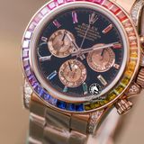 Đồng Hồ Rolex Cosmograph Daytona Rainbow 116595RBOW Rep 1:1 Cao Cấp Vỏ Vàng Hồng Niềng Bezel Đính Ruby Cầu Vồng Mặt Đen Dây Kim Loại