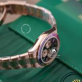 Đồng Hồ Rolex Cosmograph Daytona Rainbow 116595RBOW Rep 1:1 Cao Cấp Vỏ Vàng Hồng Niềng Bezel Đính Ruby Cầu Vồng Mặt Đen Dây Kim Loại