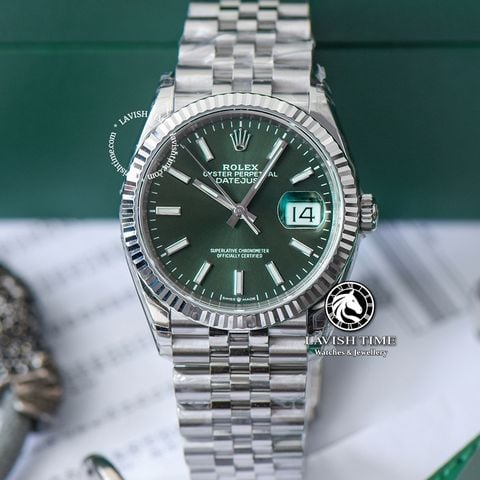 Đồng Hồ Rolex Datejust 36mm 126234-0051 Rep 1:1 Chế Tác Vỏ Bạc Mặt Xanh Lá  Cọc Số Vạch Dây Kim Loại Jubilee