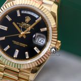 Đồng Hồ Rolex Day-Date 40mm 228238-004 Rep 1:1 Chế Tác Vỏ Vàng Kim Mặt Đen Cọc Số Đính Đá Baguette Trọng Lượng 168 Gram Dây Kim Loại