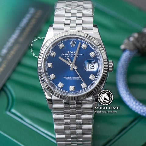 Đồng Hồ Rolex Datejust 36mm 126234-0037 Rep 1:1 Chế Tác Vỏ Bạc Mặt Xanh Dương Cọc Số Đính Đá Dây Kim Loại Jubilee