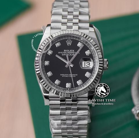 Đồng Hồ Rolex Datejust 36mm 126234-0012 Rep 1:1 Chế Tác Vỏ Bạc Mặt Đen Cọc Số Đính Đá Dây Kim Loại Jubilee