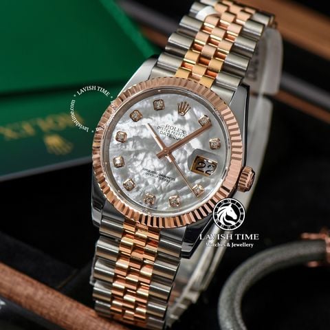 Đồng Hồ Rolex Datejust 36mm 126231-0021 Rep 1:1 Chế Tác Vỏ Demi Bọc Vàng Mặt Số Độ Xà Cừ Vân Mây Cọc Số Kim Cương Thiên Nhiên Dây Kim Loại Jubilee