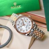 Đồng Hồ Rolex Datejust 41mm 126331-0014 Rep 1:1 Chế Tác Vỏ Demi Vàng Hồng Mặt Số Độ Xà Cừ Vân Mây Cọc Số Kim Cương Thiên Nhiên Dây Kim Loại Jubilee