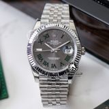 Đồng Hồ Rolex Datejust 41mm 126334-0022 Rep 1:1 Chế Tác Vỏ Bạc Mặt Xám Cọc Số La Mã Xanh Dây Kim Loại