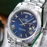 Đồng Hồ Rolex Day-Date 40mm 228239-007 Rep 1:1 Chế Tác Vỏ Bạc Mặt Xanh Dương Cọc Số La Mã Trọng Lượng 168 Gram Dây Kim Loại