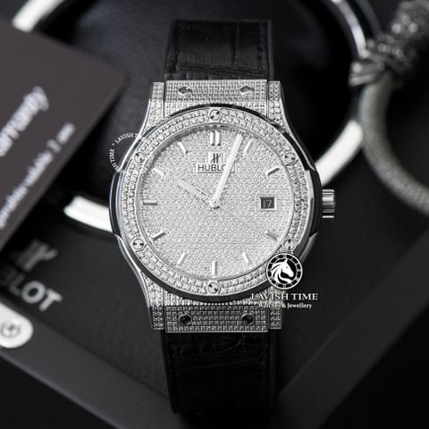 Đồng Hồ Hublot Classic Fusion 42mm Rep 1:1 Chế Tác Vỏ Bạc Và Mặt Số Đính Đá Pave 542.NX.9010.LR.1704