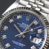 Đồng Hồ Rolex Datejust 36mm 126234 Rep 1:1 Chế Tác Vỏ Bạc Mặt Gấp Nếp Xanh Dương Cọc Số Đính Đá Dây Kim Loại Jubilee