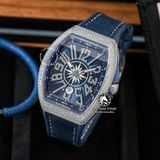 Đồng Hồ Franck Muller Vanguard Yachting V45 Rep 1:1 Chế Tác Vỏ Bạc Đính Đá Mặt Xanh Cọc Số Đính Đá Dây Vải Nato