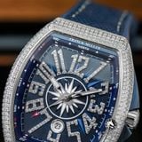 Đồng Hồ Franck Muller Vanguard Yachting V45 Rep 1:1 Chế Tác Vỏ Bạc Đính Đá Mặt Xanh Cọc Số Đính Đá Dây Vải Nato