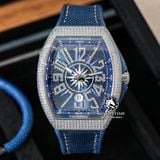 Đồng Hồ Franck Muller Vanguard Yachting V45 Rep 1:1 Chế Tác Vỏ Bạc Đính Đá Mặt Xanh Cọc Số Đính Đá Dây Vải Nato