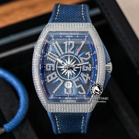 Đồng Hồ Franck Muller Vanguard Yachting V45 Rep 1:1 Chế Tác Vỏ Bạc Đính Đá Mặt Xanh Cọc Số Đính Đá Dây Vải Nato