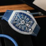 Đồng Hồ Franck Muller Vanguard Yachting V45 Rep 1:1 Chế Tác Vỏ Bạc Đính Đá Mặt Xanh Cọc Số Đính Đá Dây Vải Nato