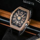 Đồng Hồ Franck Muller Vanguard Yachting V45 Rep 1:1 Chế Tác Vỏ Vàng Hồng Đính Đá Mặt Đen Cọc Số Đính Đá Dây Da