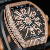 Đồng Hồ Franck Muller Vanguard Yachting V45 Rep 1:1 Chế Tác Vỏ Vàng Hồng Đính Đá Mặt Đen Cọc Số Đính Đá Dây Da