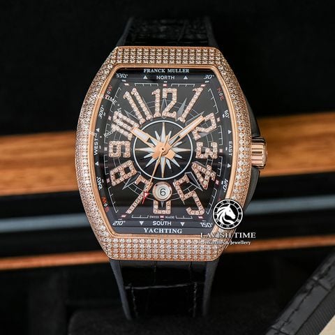 Đồng Hồ Franck Muller Vanguard Yachting V45 Rep 1:1 Chế Tác Vỏ Vàng Hồng Đính Đá Mặt Đen Cọc Số Đính Đá Dây Da