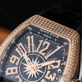 Đồng Hồ Franck Muller Vanguard Yachting V45 Rep 1:1 Chế Tác Vỏ Vàng Hồng Đính Đá Mặt Đen Cọc Số Đính Đá Dây Da