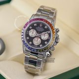 Đồng Hồ Rolex Cosmograph Daytona Rainbow 116599RBOW Rep 1:1 Cao Cấp Vỏ Bạc Niềng Bezel Đính Ruby Cầu Vồng Mặt Đen Dây Kim Loại