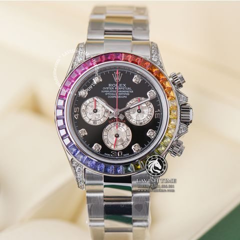 Đồng Hồ Rolex Cosmograph Daytona Rainbow 116599RBOW Rep 1:1 Cao Cấp Vỏ Bạc Niềng Bezel Đính Ruby Cầu Vồng Mặt Đen Dây Kim Loại