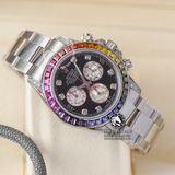 Đồng Hồ Rolex Cosmograph Daytona Rainbow 116599RBOW Rep 1:1 Cao Cấp Vỏ Bạc Niềng Bezel Đính Ruby Cầu Vồng Mặt Đen Dây Kim Loại