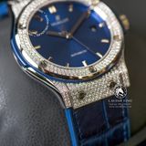 Đồng Hồ Hublot Classic Fusion 42mm Rep 1:1 Chế Tác Vỏ Bạc Độ Kim Cương Thiên Nhiên - Moissanite Pave Mặt Số Xanh Dương 542.NX.7170.RX