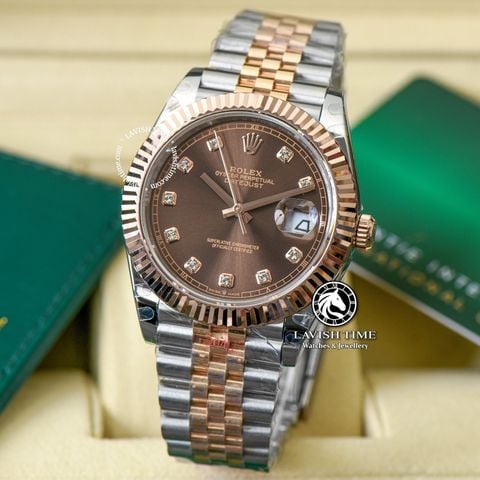 Đồng Hồ Rolex Datejust 41mm 126331-0004 Rep 1:1 Chế Tác Vỏ Demi Bọc Vàng Mặt Nâu Chocolate Cọc Số Đính Đá Dây Kim Loại Jubilee