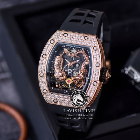 Đồng Hồ Richard Mille RM 51-01 Tourbillon Tiger And Dragon Diamonds Rep 1:1 Chế Tác Vỏ Vàng Hồng Đính Đá Mặt Skeleton Dây Cao Su