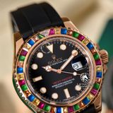 Đồng Hồ Rolex Yacht-Master 40mm 116695 SATS Rep 1:1 Chế Tác Vỏ Vàng Hồng Niềng Bezel Đính Đá Cầu Vồng Mặt Đen Dây Cao Su