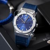 Đồng Hồ Hublot Classic Fusion 42mm Rep 1:1 Chế Tác Vỏ Bạc Titanium Mặt Số Xanh Dương Chải Tia Dây Cá Sấu 542.NX.7170.LR