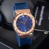 Đồng Hồ Hublot Classic Fusion 42mm Rep 1:1 Chế Tác Vỏ Vàng Hồng Titanium Mặt Số Xanh Dương Chải Tia Dây Cá Sấu 542.OX.7180.LR