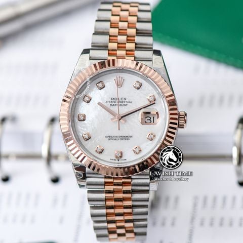 Đồng Hồ Rolex Datejust 41mm 126331-0014 Rep 1:1 Chế Tác Vỏ Demi Bọc Vàng Mặt Xà Cừ Trắng Cọc Số Đính Đá Dây Kim Loại Jubilee