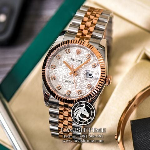 Đồng Hồ Rolex Datejust 36mm 116231 Rep 1:1 Cao Cấp Vỏ Demi Vàng Hồng Mặt Vi Tính Bạc Cọc Số Đính Đá Dây Kim Loại Julibee