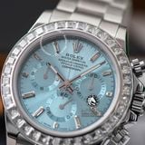 Đồng Hồ Rolex Cosmograph Daytona 116506 Rep 1:1 Cao Cấp Vỏ Bạc Niềng Bezel Đính Đá Baguette Mặt Xanh Dây Kim Loại