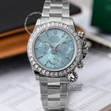 Đồng Hồ Rolex Cosmograph Daytona 116506 Rep 1:1 Cao Cấp Vỏ Bạc Niềng Bezel Đính Đá Baguette Mặt Xanh Dây Kim Loại