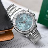 Đồng Hồ Rolex Cosmograph Daytona 116506 Rep 1:1 Cao Cấp Vỏ Bạc Niềng Bezel Đính Đá Baguette Mặt Xanh Dây Kim Loại