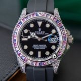 Đồng Hồ Rolex Yacht-Master 42mm 126679 SABR Rep 1:1 Chế Tác Vỏ Bạc Đính Đá Niềng Bezel Nạm Đá Ruby Tím Mặt Đen Dây Cao Su