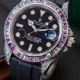 Đồng Hồ Rolex Yacht-Master 42mm 126679 SABR Rep 1:1 Chế Tác Vỏ Bạc Đính Đá Niềng Bezel Nạm Đá Ruby Tím Mặt Đen Dây Cao Su