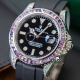 Đồng Hồ Rolex Yacht-Master 42mm 126679 SABR Rep 1:1 Chế Tác Vỏ Bạc Đính Đá Niềng Bezel Nạm Đá Ruby Tím Mặt Đen Dây Cao Su
