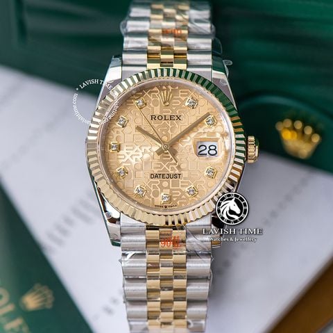 Đồng Hồ Rolex Datejust 36mm 126233-0033 Rep 1:1 Chế Tác Vỏ Demi Bọc Vàng Mặt Vi Tính Vàng Cọc Số Đính Đá Dây Kim Loại Jubilee