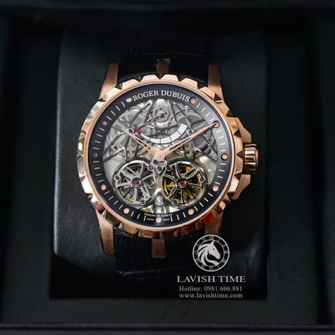 Đồng Hồ Roger Dubuis Excalibur Double Tourbillon Rep 1:1 Chế Tác Vỏ Vàng Hồng Mặt Skeleton Lộ Cơ Dây Cao Su