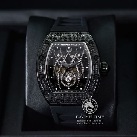 Đồng Hồ Richard Mille RM 19-01 Tourbillon Spider Rep 1:1 Cao Cấp Vỏ Thép Đen Đính Đá Mặt Đính Đá Dây Cao Su